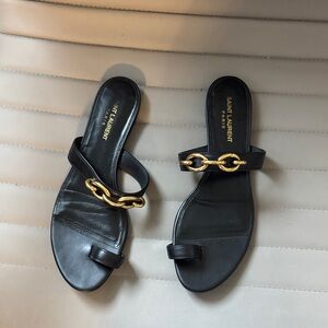 Saint Laurent Black Leather Slide Sandals with Gold Chain Detail Le Maillon